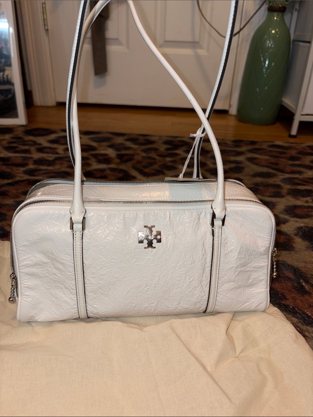 Tory Burch White Patent Double-Compartment Shoulder Bag
